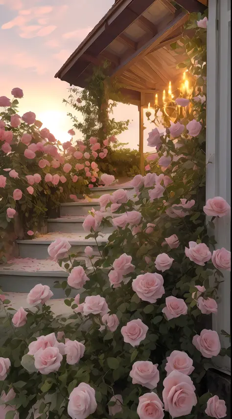 A bush of pink roses outside the house, beautiful and aesthetic, soft pink, beautiful aesthetic, roses in movie lights, lush flowers outdoors, nature and floral aesthetics, rose garden, roses, portal made of roses, beautiful images, roses, fantastic aesthe...