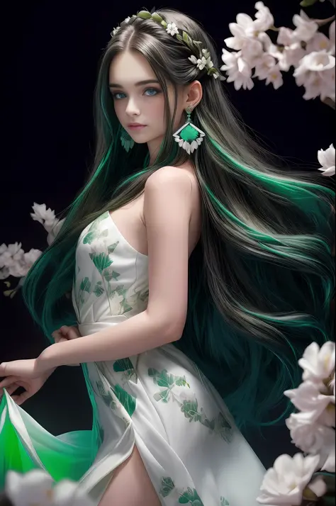 A beautiful girl with off-white long hair, white luminous eyes, green luminous earrings, and a black floral dress with blue and ...