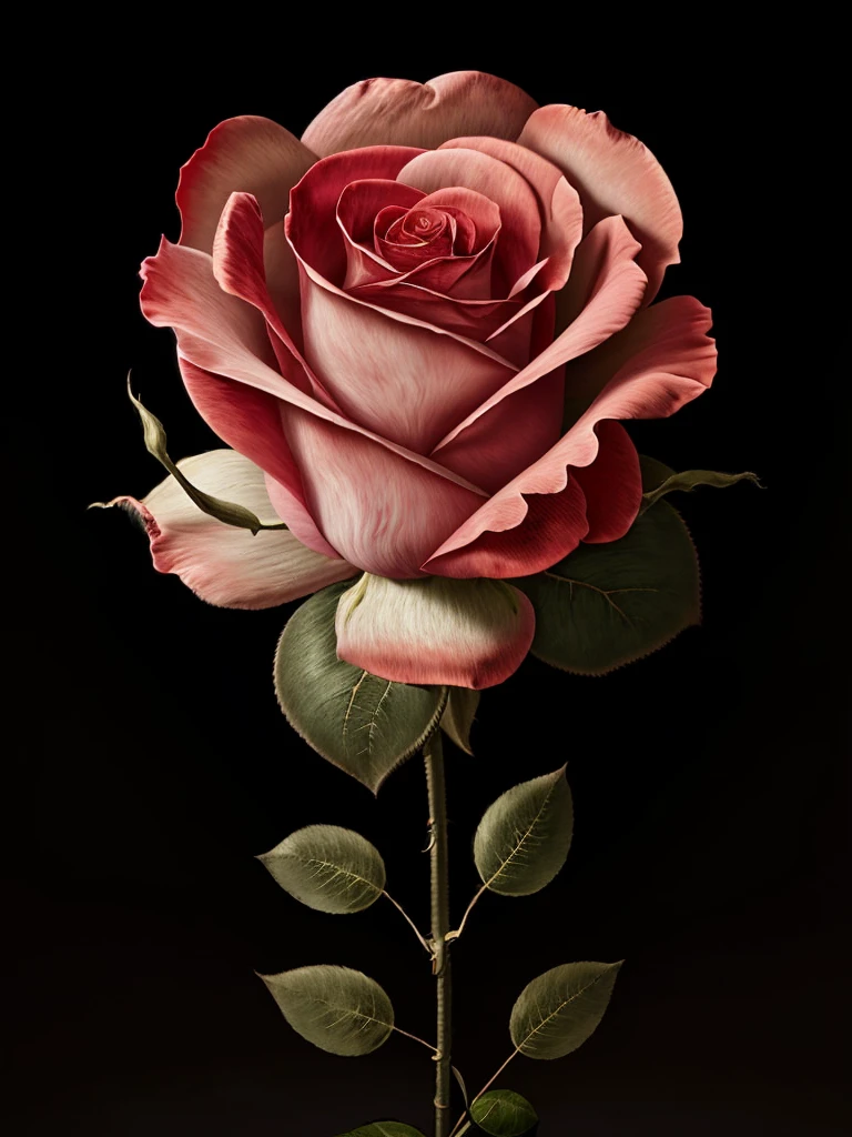 a close-up view of a big petrified rose with intricate details, surrounded by a soft glow, causing the rose to stand out against a dark background