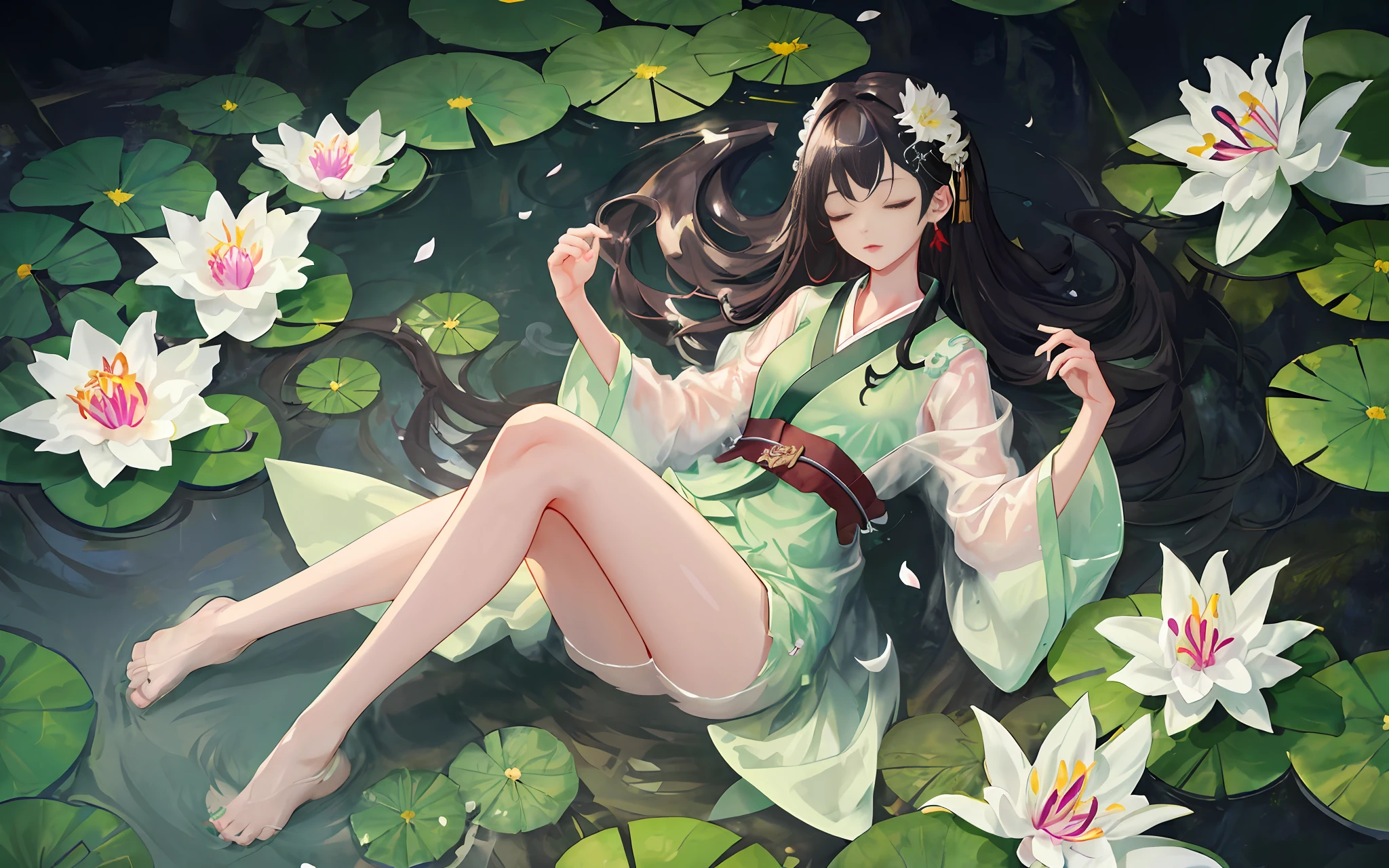 Dark green Hanfu, a woman, cool, fair skin, sea of flowers, pond, petals floating on the water, lily, clavicle, eyes closed, half submerged in water, dark background, moonlight, hairpin, jade pendant, Hanfu, delicate faces, hair accessories, red lips, skirts, belts, jewelry, long hair, earrings, , strands of hair, perfect body proportions, wet, slender legs, bridges,