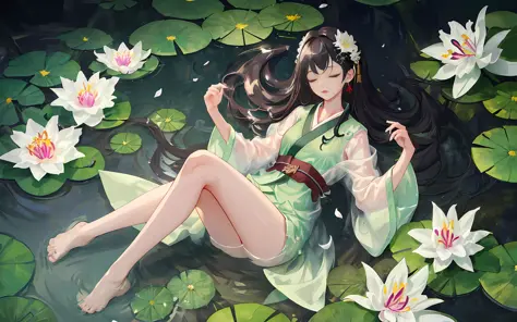 Dark green Hanfu, a woman, cool, fair skin, sea of flowers, pond, petals floating on the water, lily, clavicle, eyes closed, hal...