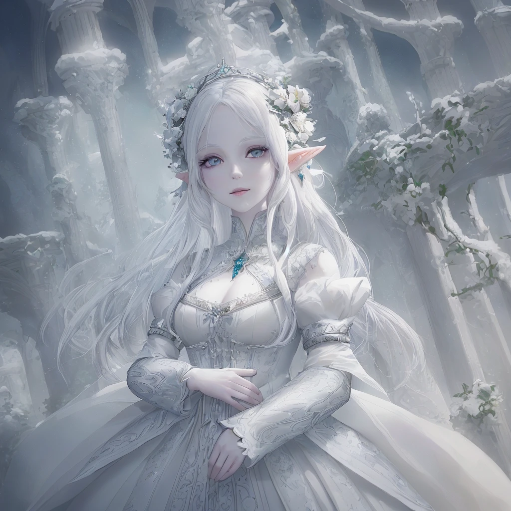 there is a woman with white hair and a white dress, a character portrait inspired by Alice Prin, trending on cg society, fantasy art, hyperdetailed fantasy character, very beautiful elven top model, 4k hd. snow white hair, ethereal flowerpunk, elven character with smirk, shiny white skin, beautiful elven princess, porcelain white skin