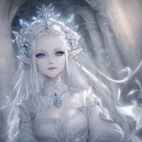 there is a woman with white hair and a white dress, hyperdetailed fantasy character, very beautiful elven top model, 4k hd. snow...