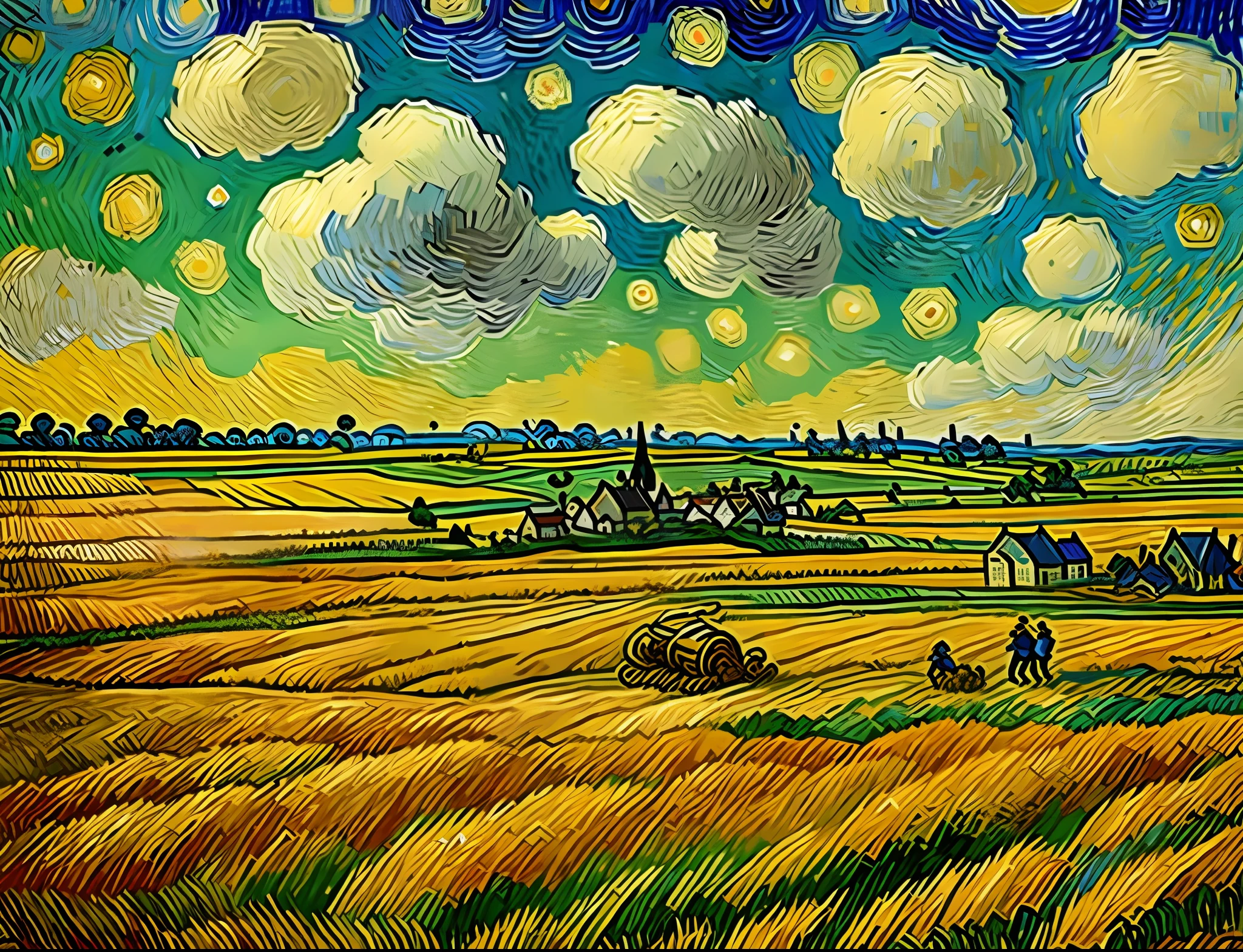 Complete reproduction of the style of Van Gogh, harvesting wheat in the wheat field, in the oil painting inspired by Van Gogh