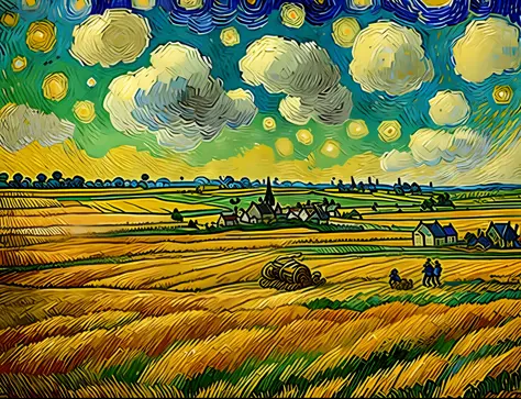 complete reproduction of the style of van gogh, harvesting wheat in the wheat field, in the oil painting inspired by van gogh