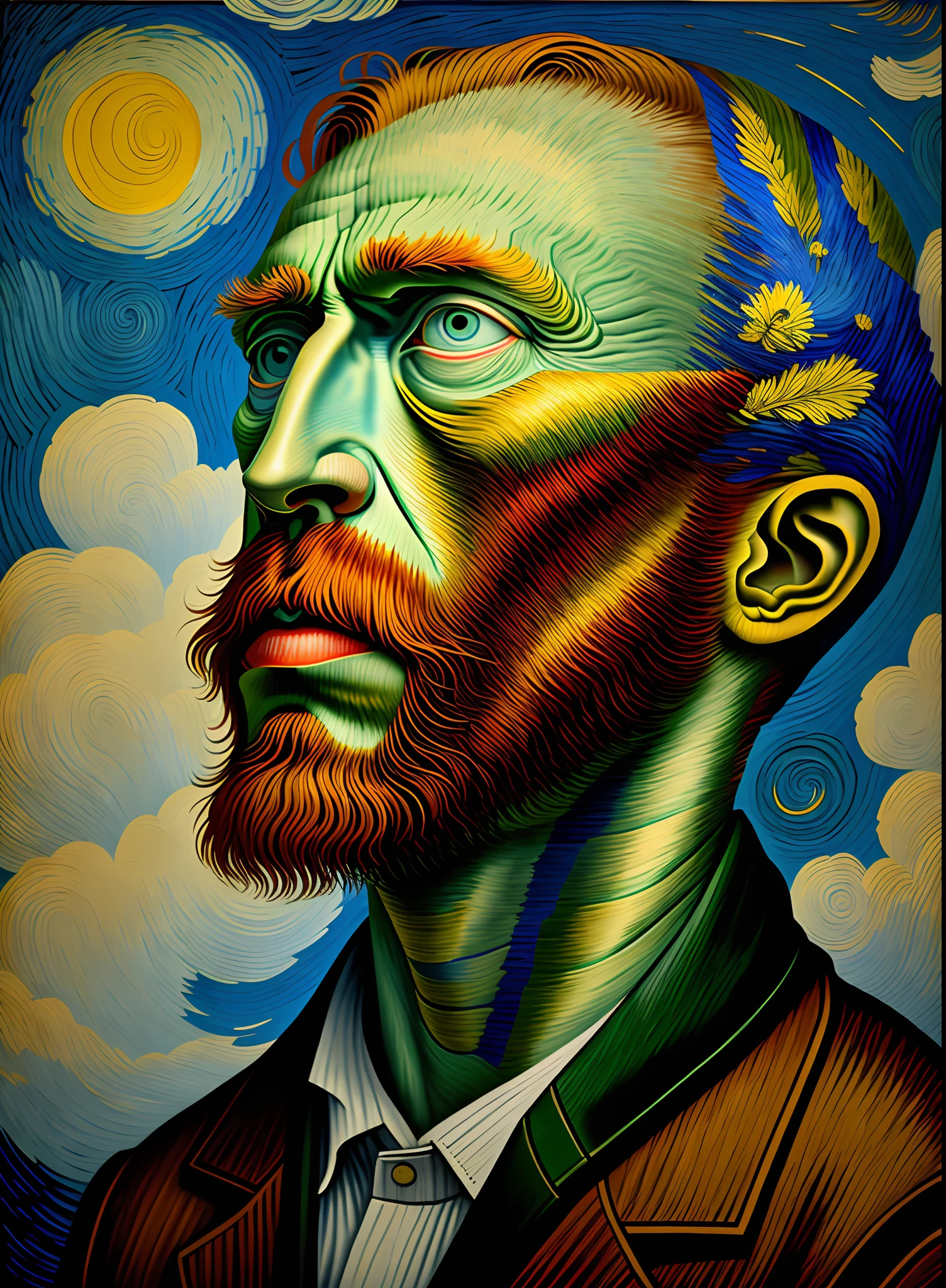 Complete reproduction of Van Gogh style, Van Gogh Head, in a Van Gogh-inspired oil painting