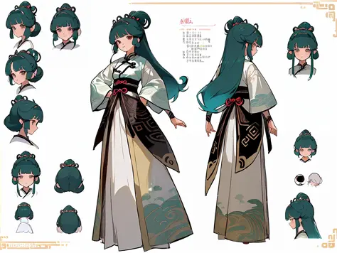 ((masterpiece)),(((best quality))),(character design sheet, same character, front, side, back), illustration, 1 girl, hair color, hairpin, bangs, hairstyle fax, eyes, environment Scene change, hairstyle fax, pose Zitai, female, ancient Chinese princess, charturnbetalora, (simple background, white background: 1.3)
