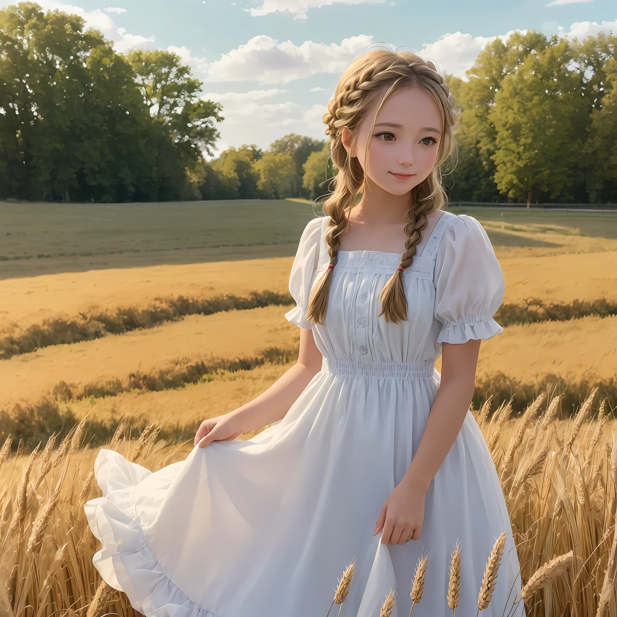 1 fille vêtue d&#39;un mignon, robe champêtre avec cheveux tressés, debout dans un cadre de ferme rustique. Elle a un doux, sourire doux et yeux expressifs. L&#39;arrière-plan présente une charmante grange, champs de blé doré, et un ciel bleu clair. La composition doit être baignée au chaud, lumière de l&#39;heure dorée, avec une douce profondeur de champ et un bokeh doux pour accentuer la sérénité pastorale. Capturez l&#39;image comme si elle avait été prise sur un film 35 mm à l&#39;ancienne pour plus de charme, film,