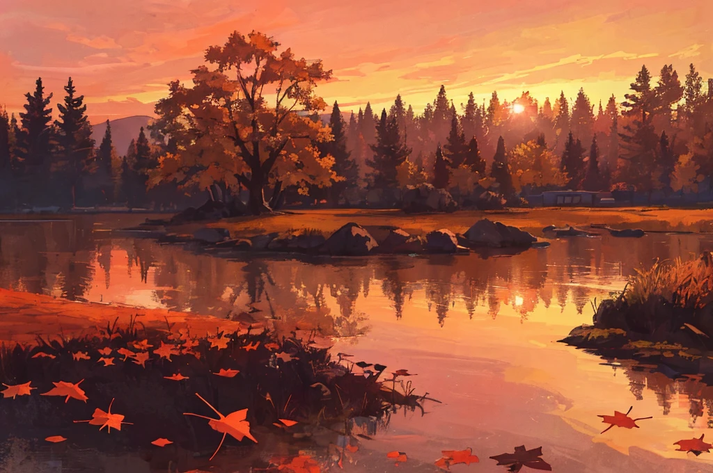 masterpiece,best quality,lycoris,flower field,depth of field,dusk,orange sky,sunset,glow,lake,autumn,maple,fallen leaves