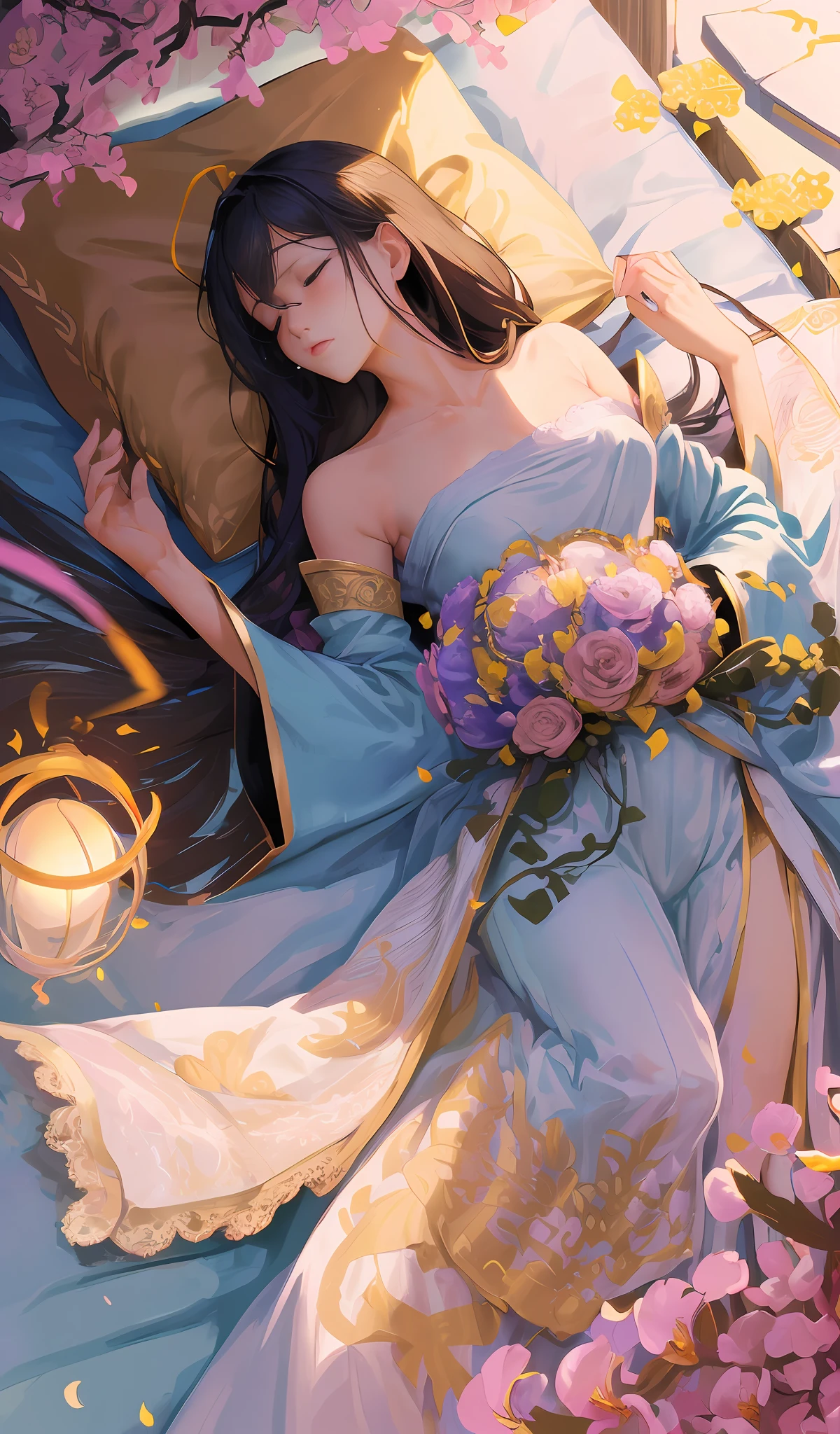 Lace, ribbon, Hanfu, (masterpiece, sidelighting: 1.2), masterpiece, realistic, shiny hair, shiny skin, solo, strapless, soft navel, exquisite, particles, golden light, sleeping, on the bed, pillow , ((flowers)), complex background, blurred foreground, beautifly, navel,(sleeping:1.2),