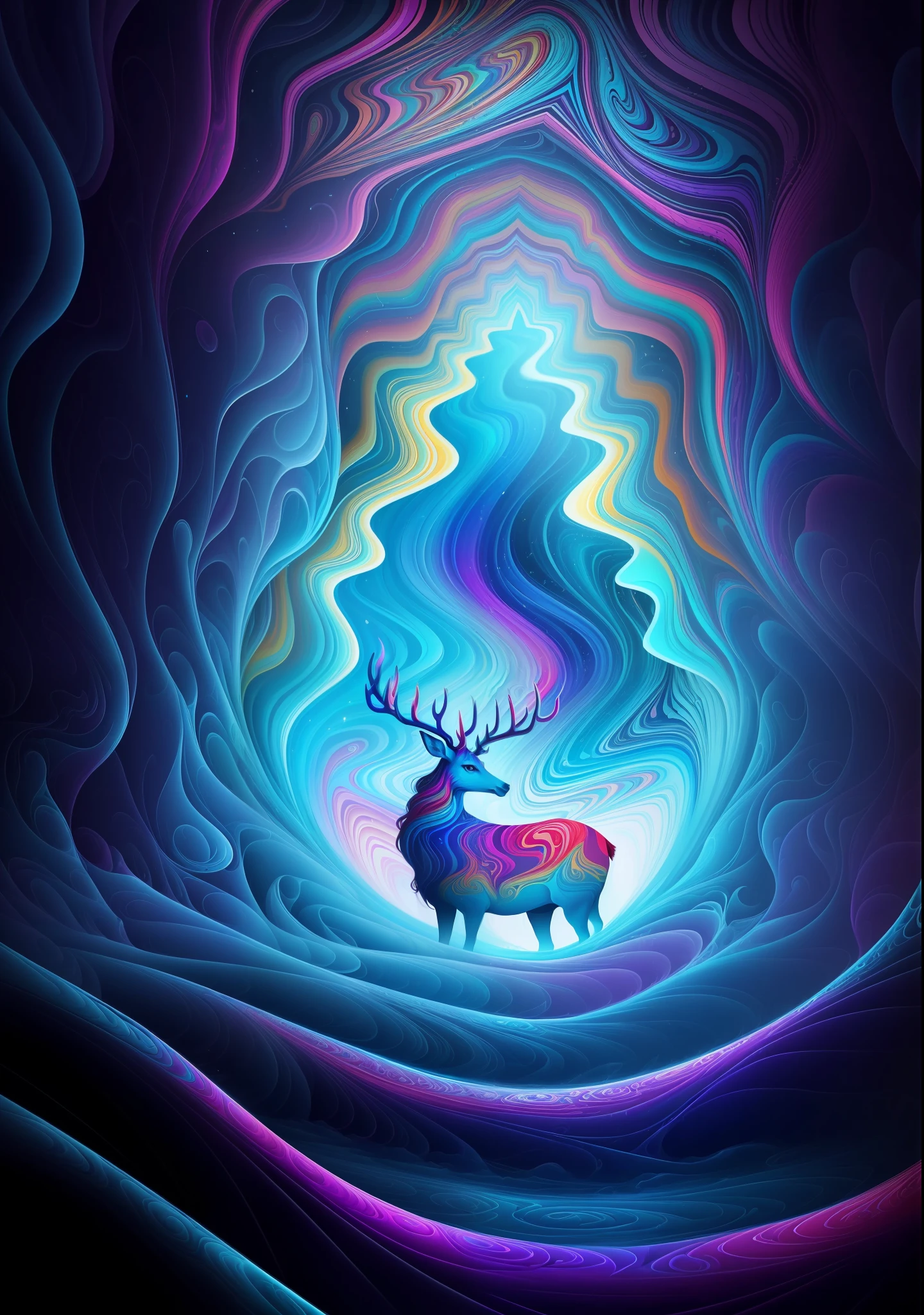 (Psychedelic painting of a deer standing in front of a colorful swirl), ((multi-slit big antlers, stag, big head)), light and shadow, waves, multi-layered, foreground, distant view, fractal Thunder Dan Mumford, Dan Mount Ford and Alex Gray style, psychedelic surreal art, surreal psychedelic design, fantasy art style, illusion psychedelic art, infinite psychedelic waves, inspired by Cyril Rolando, Real ripple structure, psychedelic art style, psychedelic art, psychedelic illustration--V6