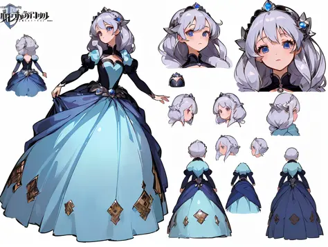 ((masterpiece)),(((best quality))),(character design sheet,same character,front,side,back),illustration,1 girl,silver hair,princess cut,hair on eyes,beautiful eyes,environment Scene change, pose too, gorgeous princess dress, magic, charturnbetalora, (simple background, white background: 1.3)