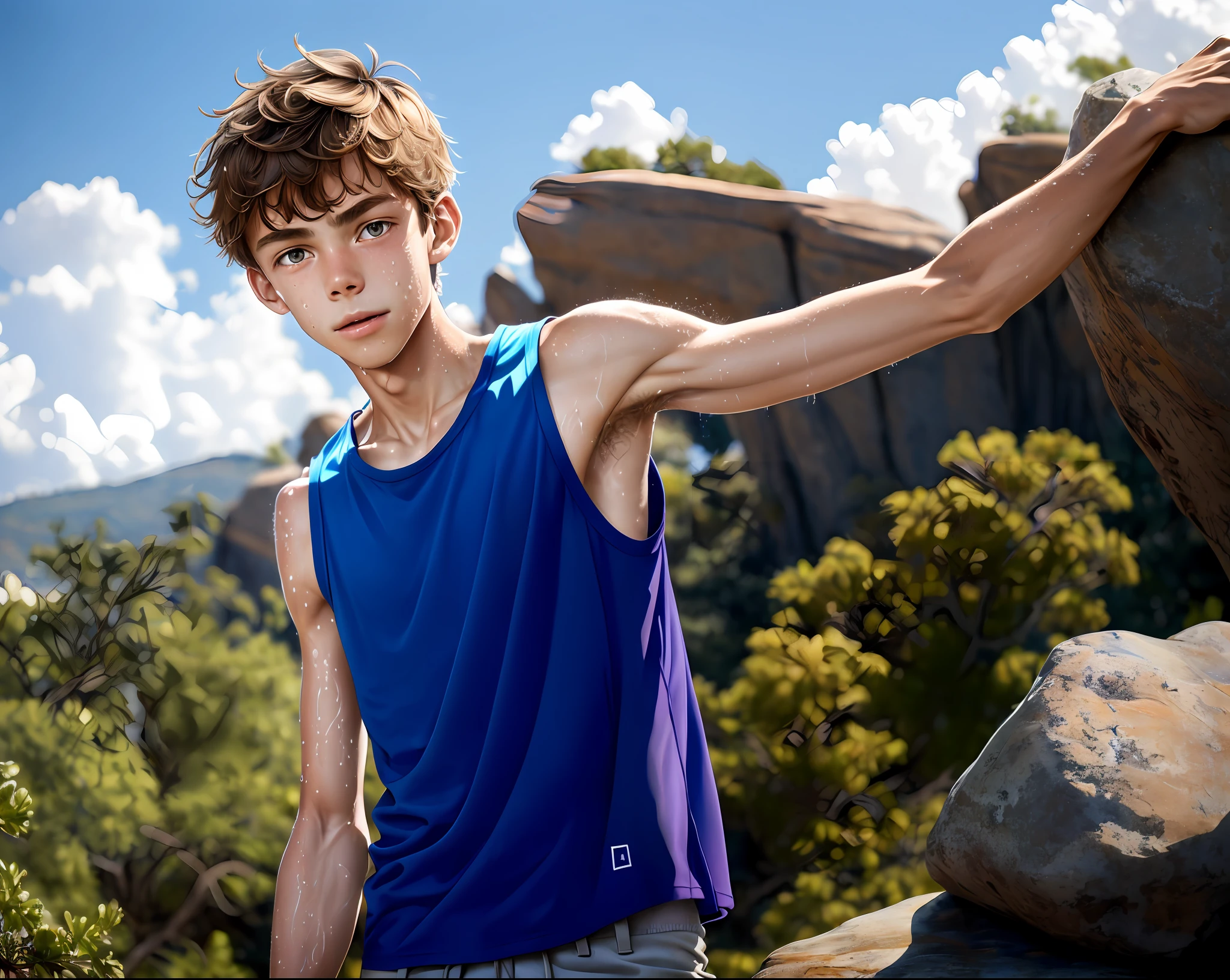 Arafed young man in blue shirt standing next to large rock - SeaArt AI