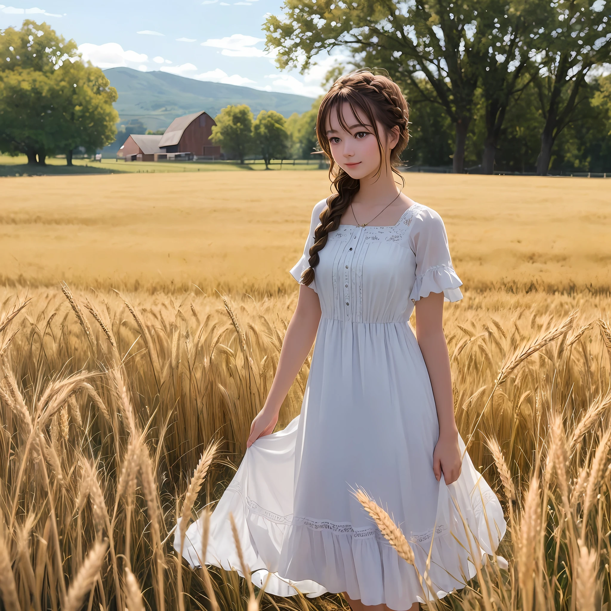 1 garota, 20 anos de idade, alto e atraente, usando um lindo vestido country, cabelo trançado, em pé em um ambiente de fazenda rústica. Ela tem uma suavidade, sorriso gentil e olhos expressivos. Ao fundo estão charmosos celeiros, campos de trigo dourado e céu azul claro. A composição deve ser banhada pela luz quente da hora dourada, com profundidade de campo suave e bokeh suave para acentuar a tranquilidade idílica. Capture imagens como se elas tivessem sido filmadas em filme vintage de 35 mm para maior potência, filmg,