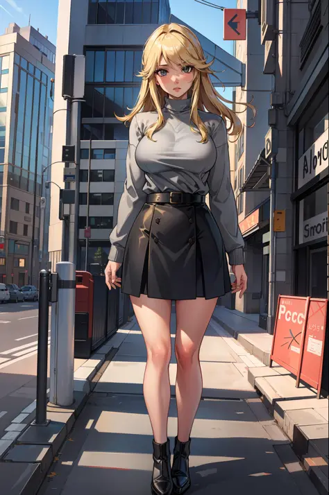 masterpiece, best quality, agrias, grey sweater, black skirt, standing, looking at viewer, blonde hair, city backdrop