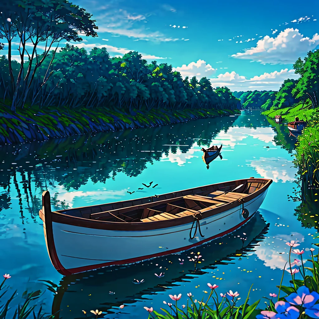 Blue sky, small river,  boat, mice.
