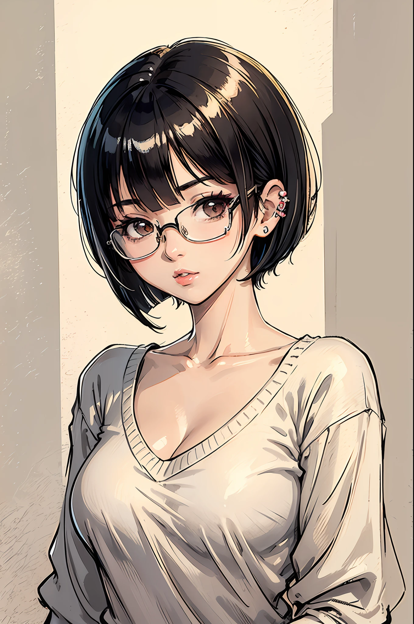 (masterpiece:1.2, best quality), (dinamic lighting) 1lady, solo, short hair, big breasts,  (shiny skin:1.2), upper body, glasses, modern, black bob cut hair,, flower on ear, harajuku style, hair pin, loli , v neck sweater, scar on eye