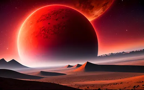 a gigantic glowing red planet, far view, beatiful
