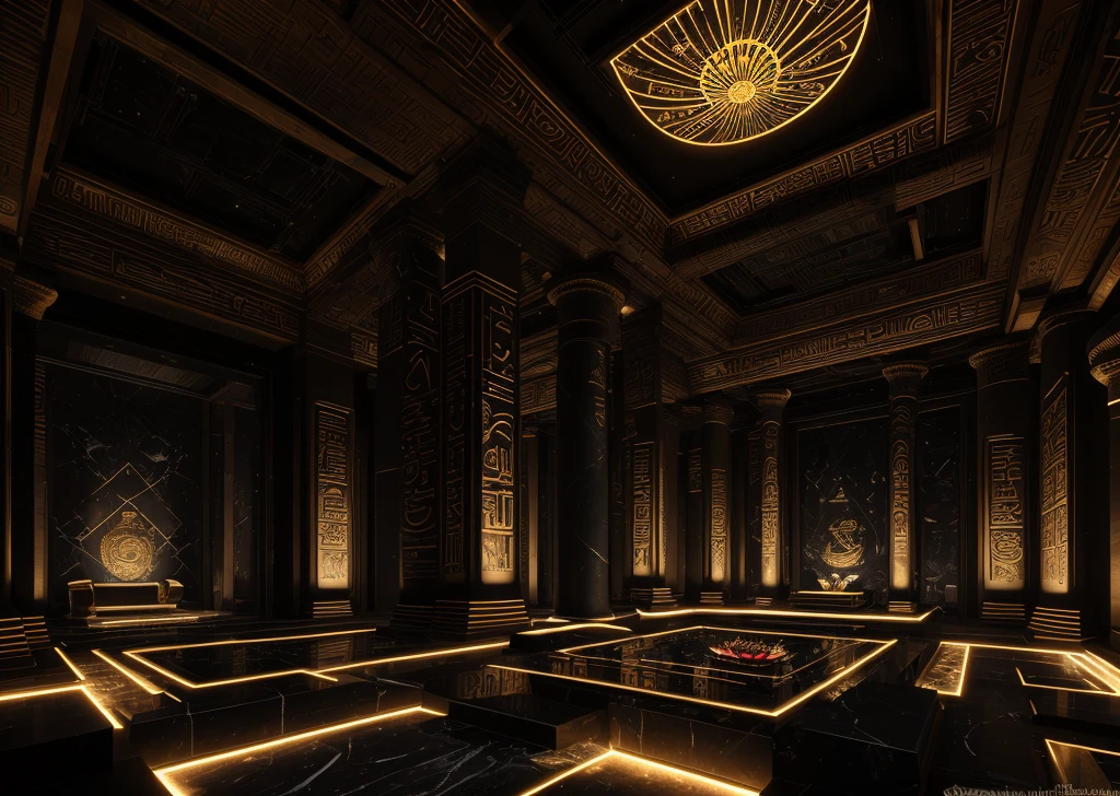 incredible black luxurious futuristic interior in Ancient Egyptian style, with lotus flowers, palm trees, hieroglyphics, rocky walls, sand, marble, precious minerals, metals, gemstones, crystals, clouds and water, crocodile leather, ultra luxury, black marble – with beautiful lights, Unreal Engine, HQ, 16k