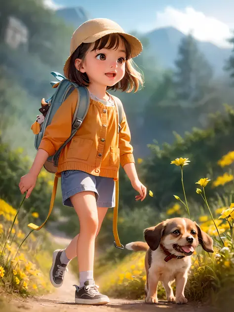 Tip: A very charming little girl with a backpack and her adorable puppy enjoying a lovely spring outing surrounded by beautiful ...