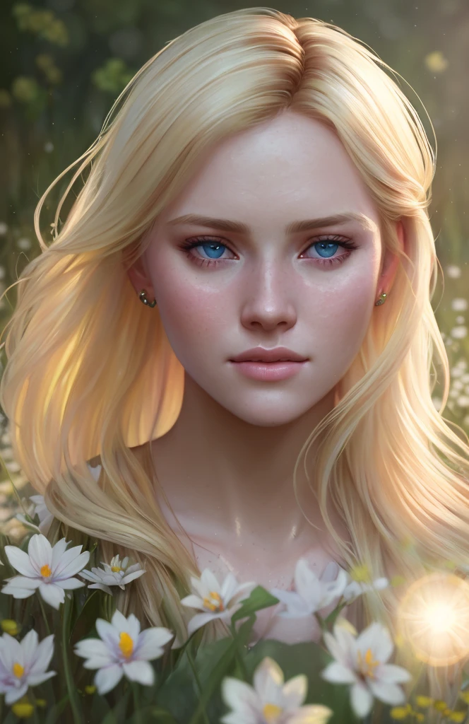 Close-up portrait of a lovely blonde Elsa in a bright and windy field, (Backlighting), Realistic, Masterpiece, Highest Quality, Puddles, Lens Flares, Shadows, Blooms, [[Chromatic Aberration]], Jeremy Lipking, Antonio J. Manzanedo, (Alphonse Mucha), digital painting