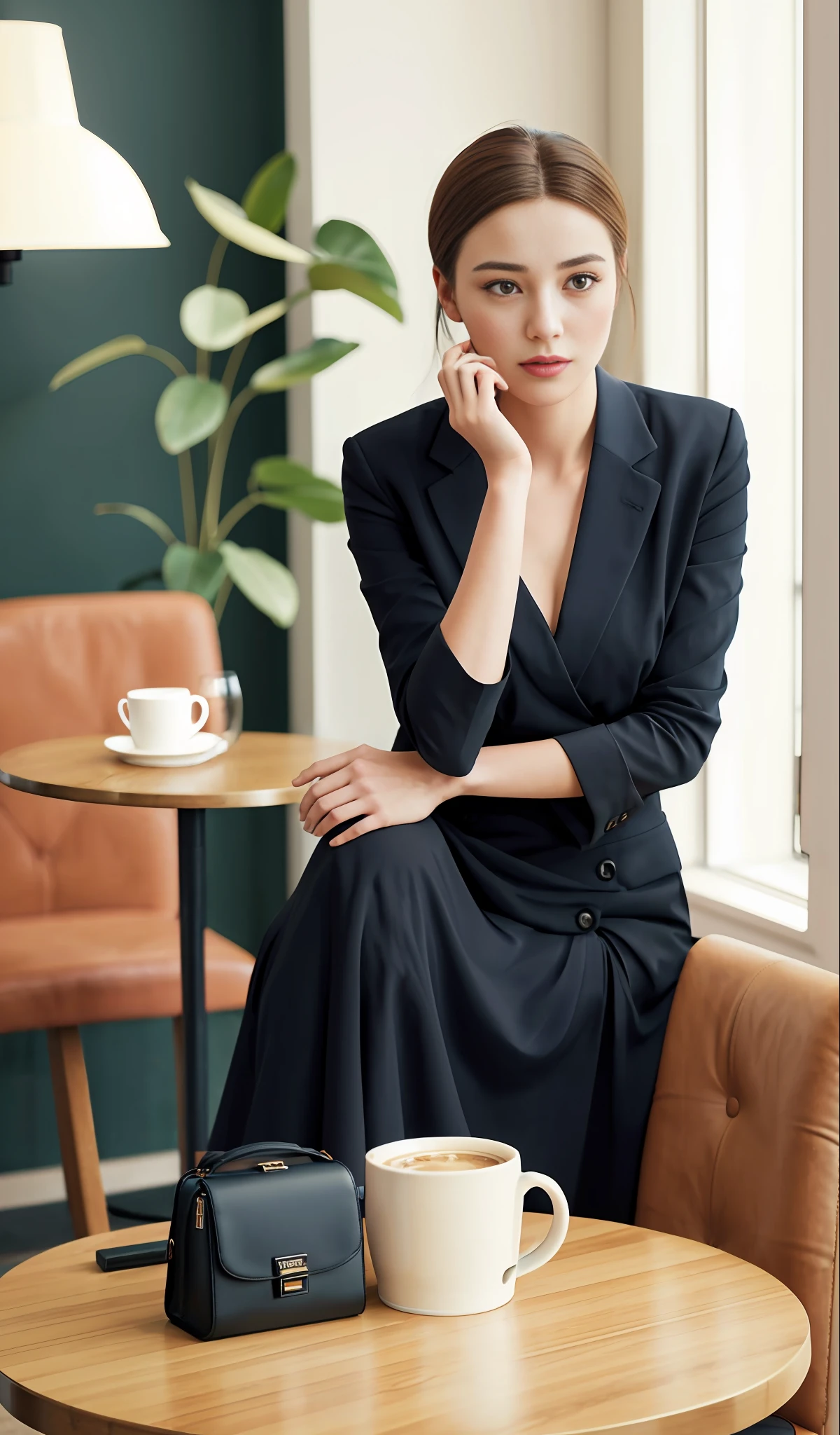 A beautiful model sitting in a café, featuring an elegant and dignified atmosphere, bright color tones, soft atmosphere, warm and cozy ambiance, telephoto lens, soft lighting, positive film, GAN technology, Unity engine, 4K ultra high definition. There is a delicate handbag placed on the table.