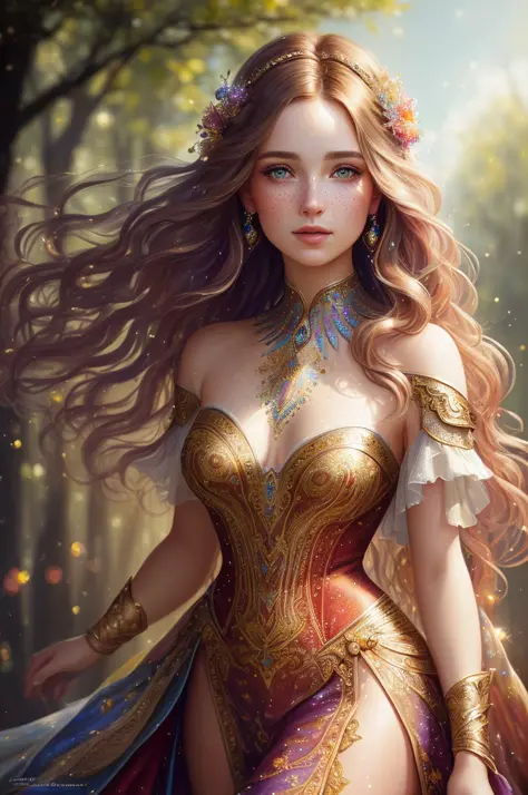 (((realistic painting))), (full body: 1.6), (amazing glamour)) woman at renaissance festival, ((perfectly feminine face)), (+colorful wavy long hair), (+sparkle Glowing freckles), (glitter), in flowing dress, intricate, 8k, highly detailed, volumetric ligh...