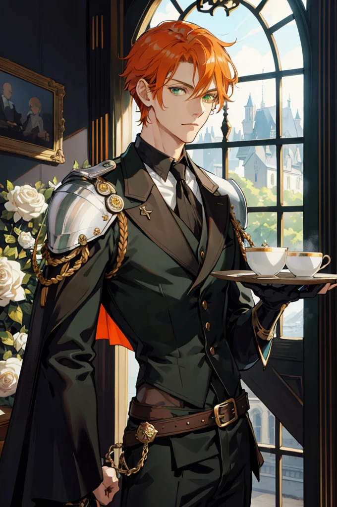 masterpiece, best quality, 1 male, adult, tall muscular, handsome, finely detailed eyes, intricate details, muscle, solo, 1male, adult, handsome, broad shoulders, well kept orange hair, green eyes, tall, black butler coat with gold trimming and rose designs, opulent castle in background, sword in sheath attached to belt, half body, holding tray of tea, shoulder plates, armored gauntlets, looking away from viewer, depth of field, floral design for belt buckle, white shirt, knight, butler