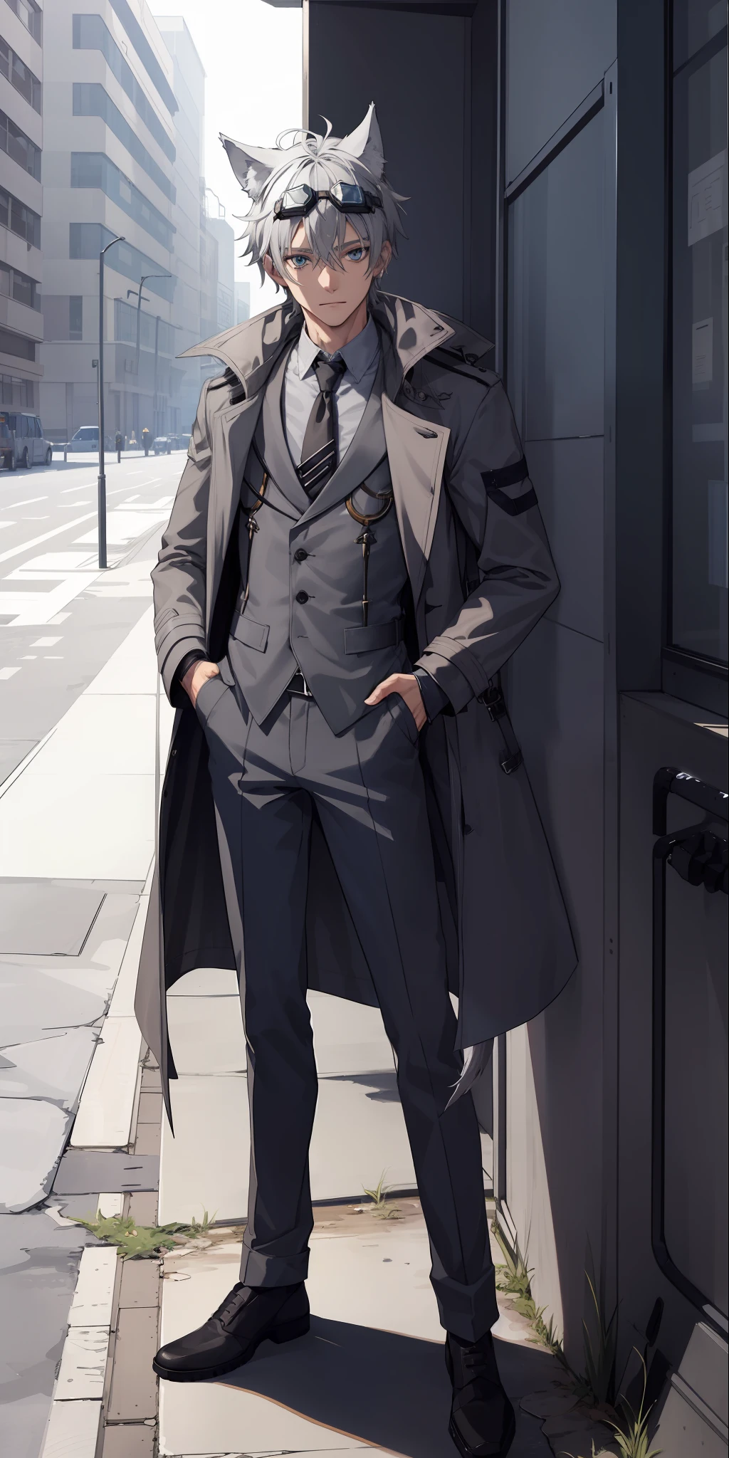 1boy, toned, gray hair, slim, blue eyes, HD, vibrant, masterpiece, full body view, wolf ears, wolf tail, engineering goggles on head, gray closed trench coat