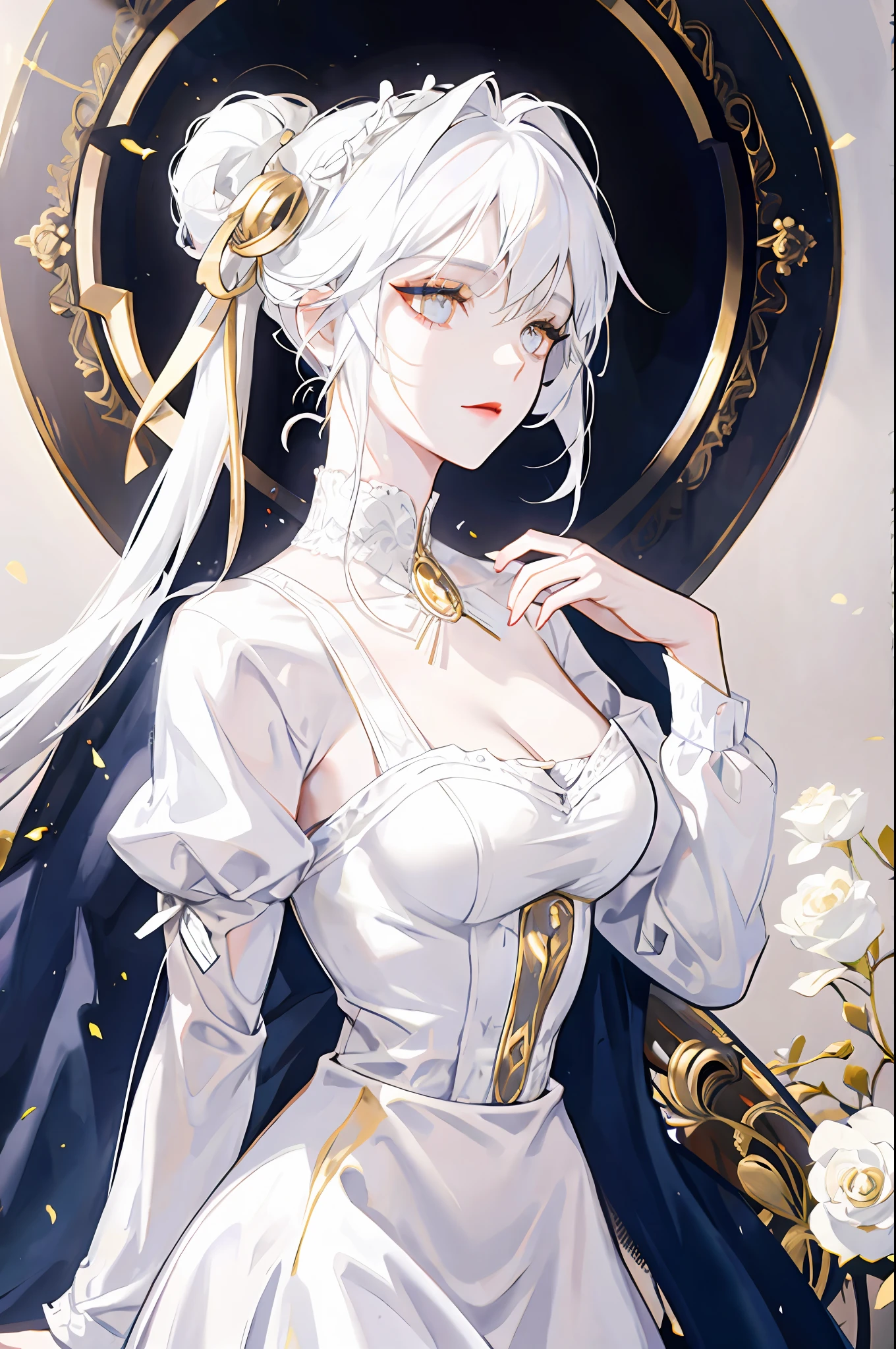 White haired woman, golden eyes, white victorian dress, white skin, elegant, royalty, young woman, alone, mature, beautiful
