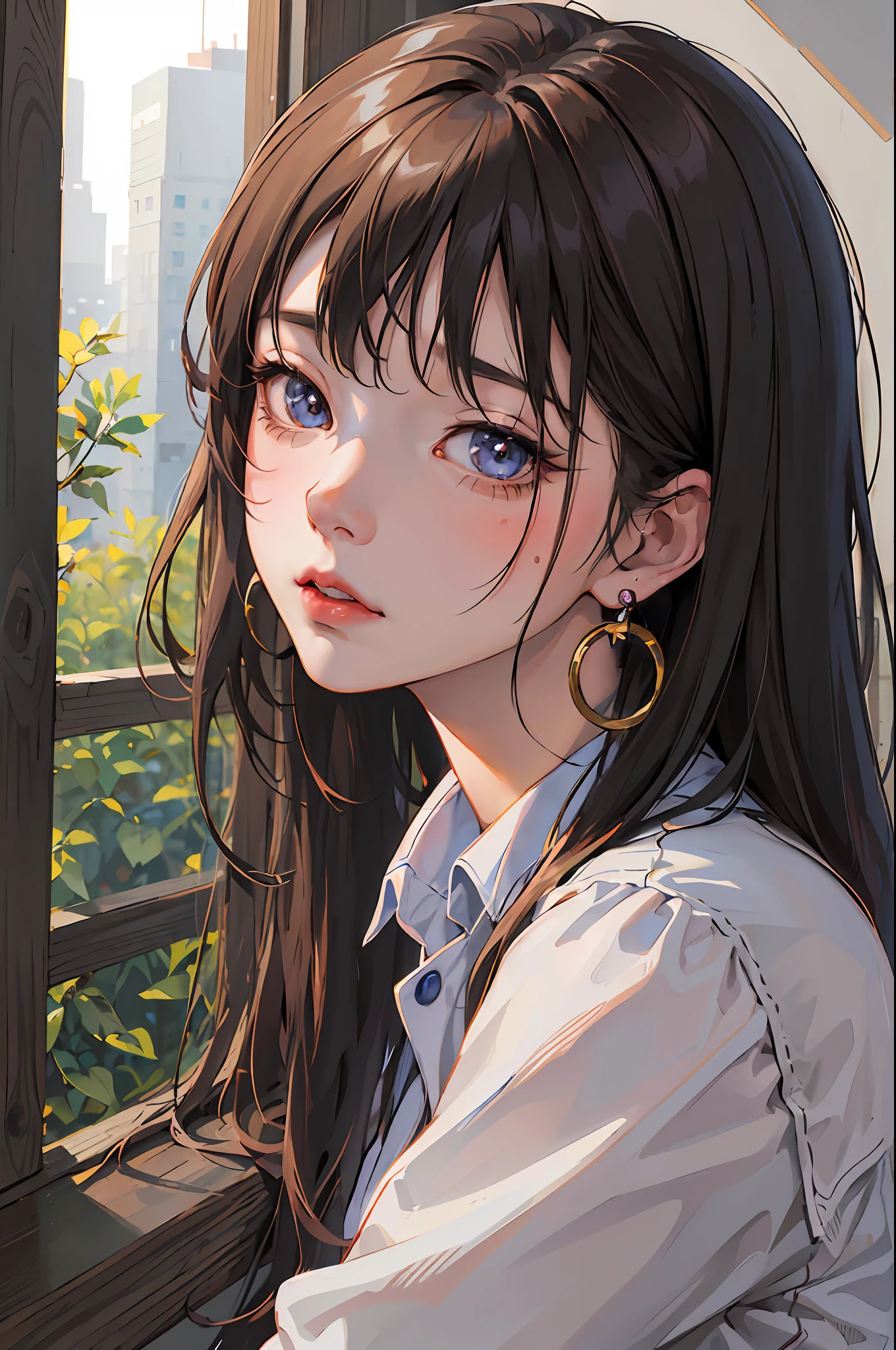 chica anime con cabello largo mirando por la ventana con la ciudad al fondo, hermoso retrato animado, retrato detallado de chica anime, retrato realista kawaii, retrato chica anime, obra de arte al estilo de guweiz, estilo artístico anime realista, retrato de una chica anime, lindo retrato de chica anime, Estilo de arte anime realista, ilustración de anime digital, retrato de estilo anime, impresionante retrato de cara de anime