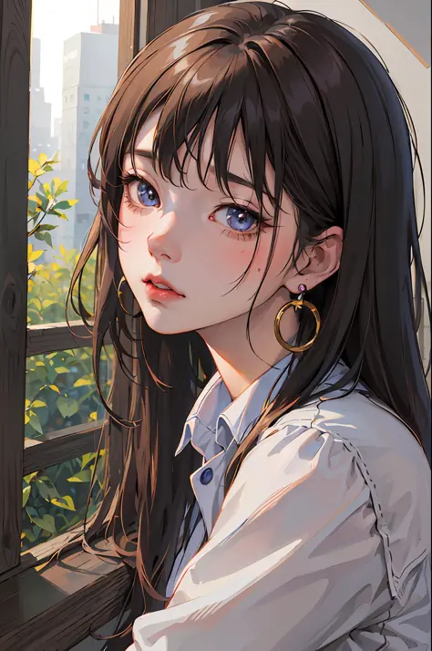 anime girl with long hair looking out of window with city in background, beautiful anime portrait, detailed portrait of anime gi...