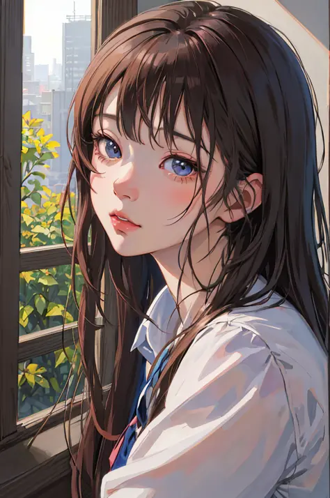 anime girl looking out of window with city in background, beautiful anime portrait, detailed portrait of anime girl, portrait an...