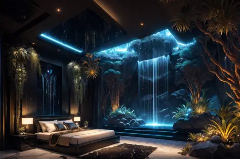 incredible black luxurious futuristic bedroom interior in Ancient Egyptian style with many (((lush plants))) (lotus flowers), ((...