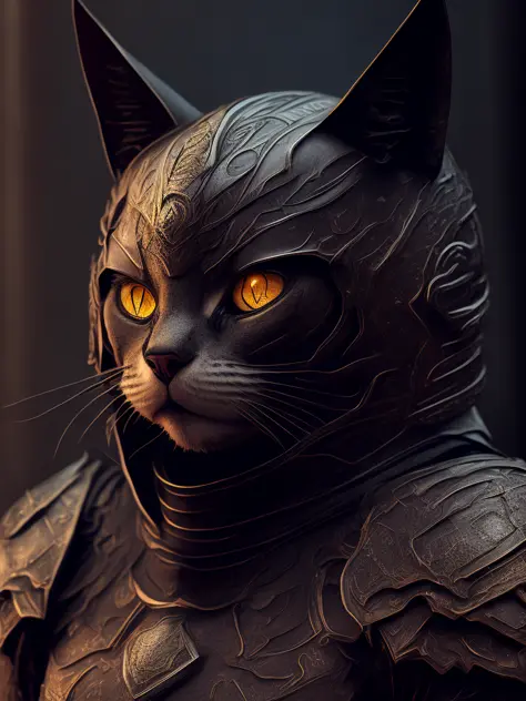 (realistic:1.3), poster,intricate details, ((cinematic light)), cat,hybrid,hyperealistic, scary, dark fantasy \(style\), detailed armor, detailed helmet