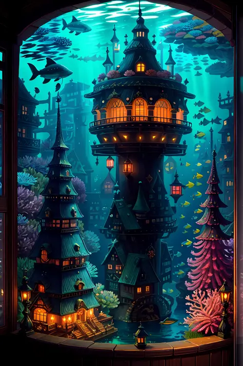 A living underwater city, illuminated by bioluminescent corals and aquatic plants, where fish of all kinds swim gracefully aroun...