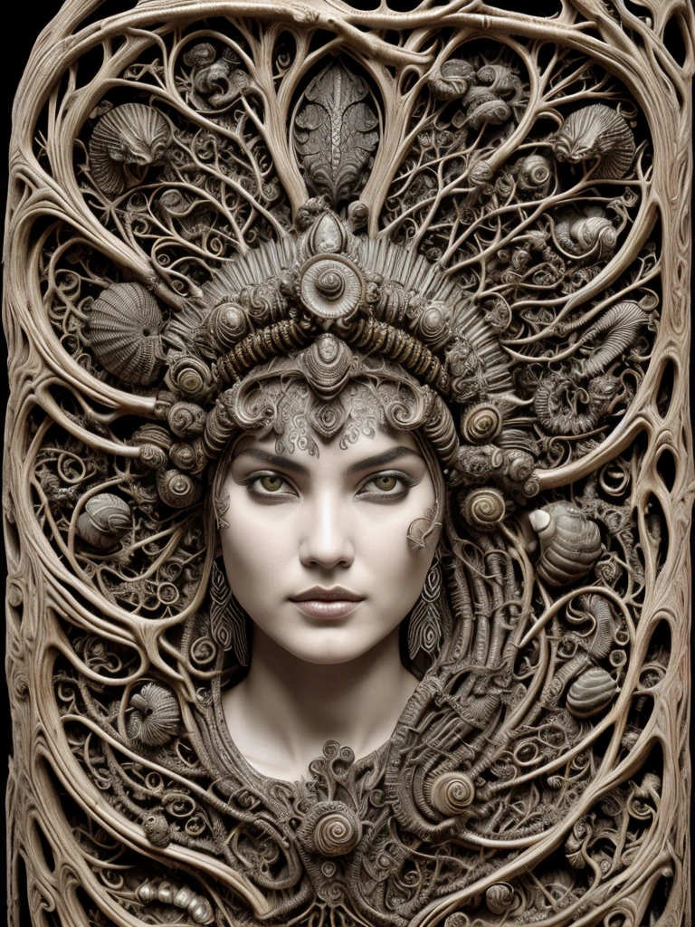 hyper detailed surrealistic color photo of beautiful {aceh young woman}, head fully covered with ancient roots, seashells, ancient branches, snails, batik, medieval ornaments, fine foliage engraved, hyper detailed rough texture, sinuous roots, hyper detailed dendritic fractals, cybernetic wires, anatomical, rim light, back light, volumetric, 64K, hr giger style, by donatello