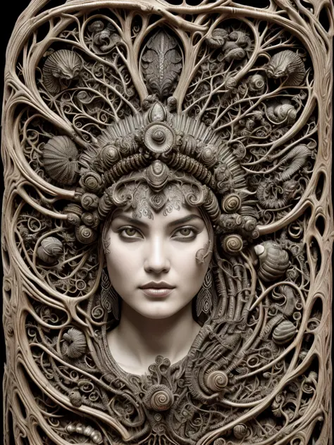 hyper detailed surrealistic color photo of beautiful {aceh young woman}, head fully covered with ancient roots, seashells, ancient branches, snails, batik, medieval ornaments, fine foliage engraved, hyper detailed rough texture, sinuous roots, hyper detail...