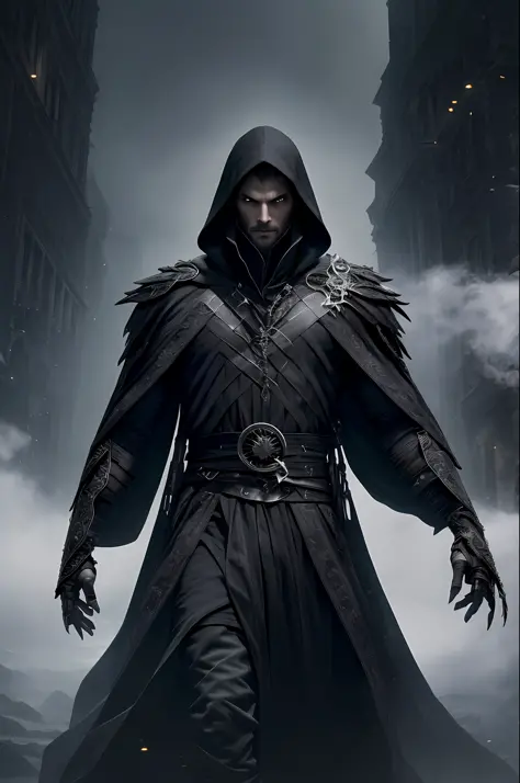 (very detailed 8k wallpaper), medium shot of a male warlock, intricate, high detail, dramatic, with a black figure looming through gray fog behind him, with a dark cloak hood showing his face