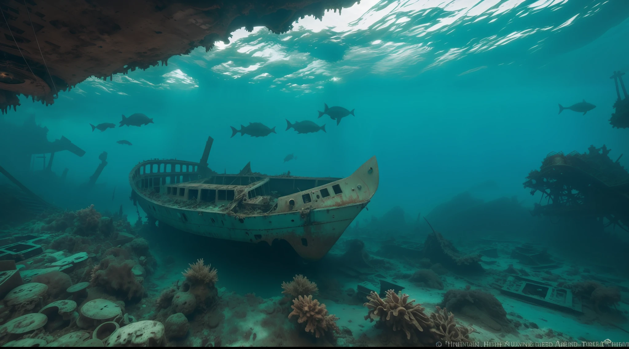 Le cimetière sous-marin des Bermudes est un lieu obsédant et étrange rempli de restes d&#39;avions et de navires coulés anciens et modernes.: 2. Créatures des grands fonds qui habitent la région: 2, ajoutant à l&#39;atmosphère inquiétante, ils se cachent dans l&#39;ombre, dans et hors de l&#39;épave métallique tordue. Les couleurs du cimetière sont sourdes et sombres, avec du métal rouillé et du bois pourri créant un sentiment de décadence et d&#39;abandon. Bien que la surface de l’eau soit calme, il y a un sentiment de malaise et de danger, comme si les âmes des disparus en mer traînaient encore dans les profondeurs sombres. La Nécropole est un lieu de mystère et d&#39;intrigue, avec des secrets cachés qui attendent d&#39;être découverts par ceux qui explorent courageusement ses profondeurs, les rochers rocheux sombres et troubles des fonds marins, varech, --à 6