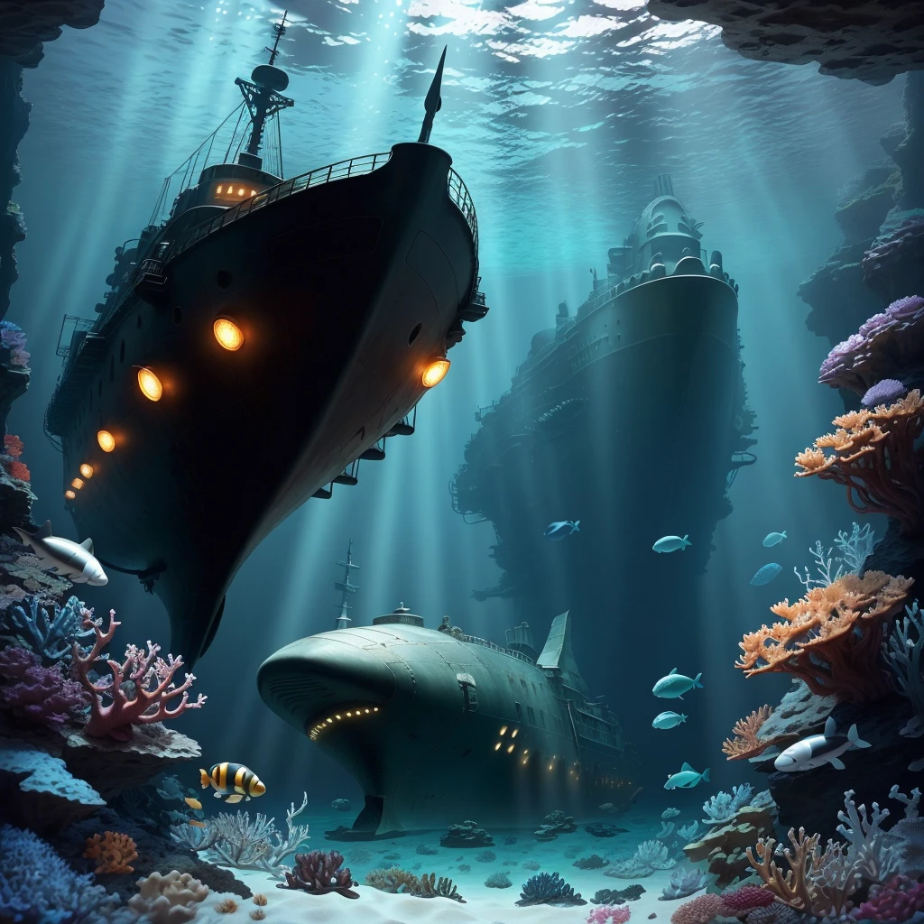 There is a submarine and a submarine boat in the ocean - SeaArt AI