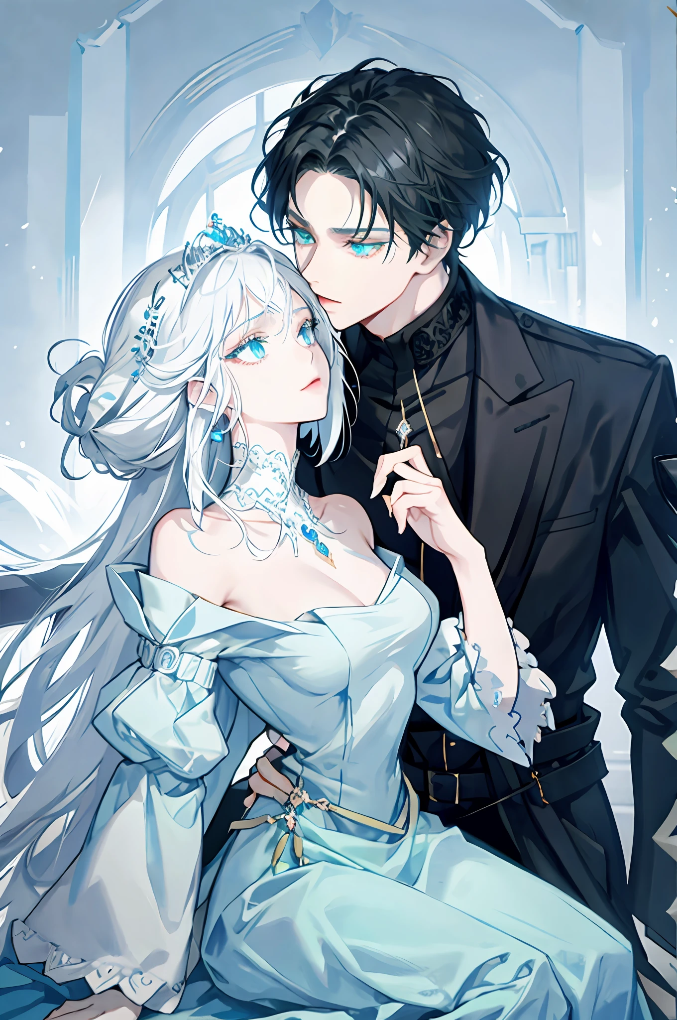 Man with black hair, green eyes, kissing a woman with white hair (light blue eyes), high quality, royalty, nobility, princess, elegant, detailed face, love