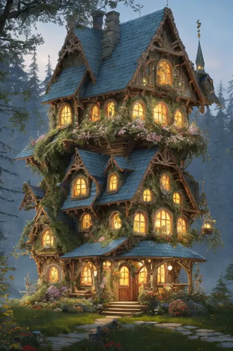 Fairytale house with many lights, beautiful render of fairytale, fairyland palace, enchanted enchanted fantasy forest, place for...