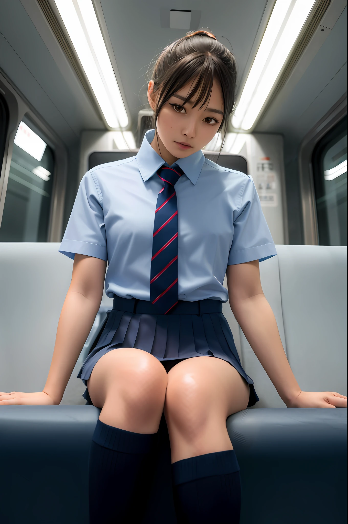 arafed asian woman in a school uniform sitting on a train, cute schoolgirl, sat down in train aile, a hyperrealistic schoolgirl, hyperrealistic schoolgirl, realistic young gravure idol, japanese girl school uniform, wearing japanese school uniform, japanese school uniform, realistic schoolgirl, girl wearing uniform, young gravure idol, young pretty gravure idol, glowing skin, glowing thighs, glowing legs