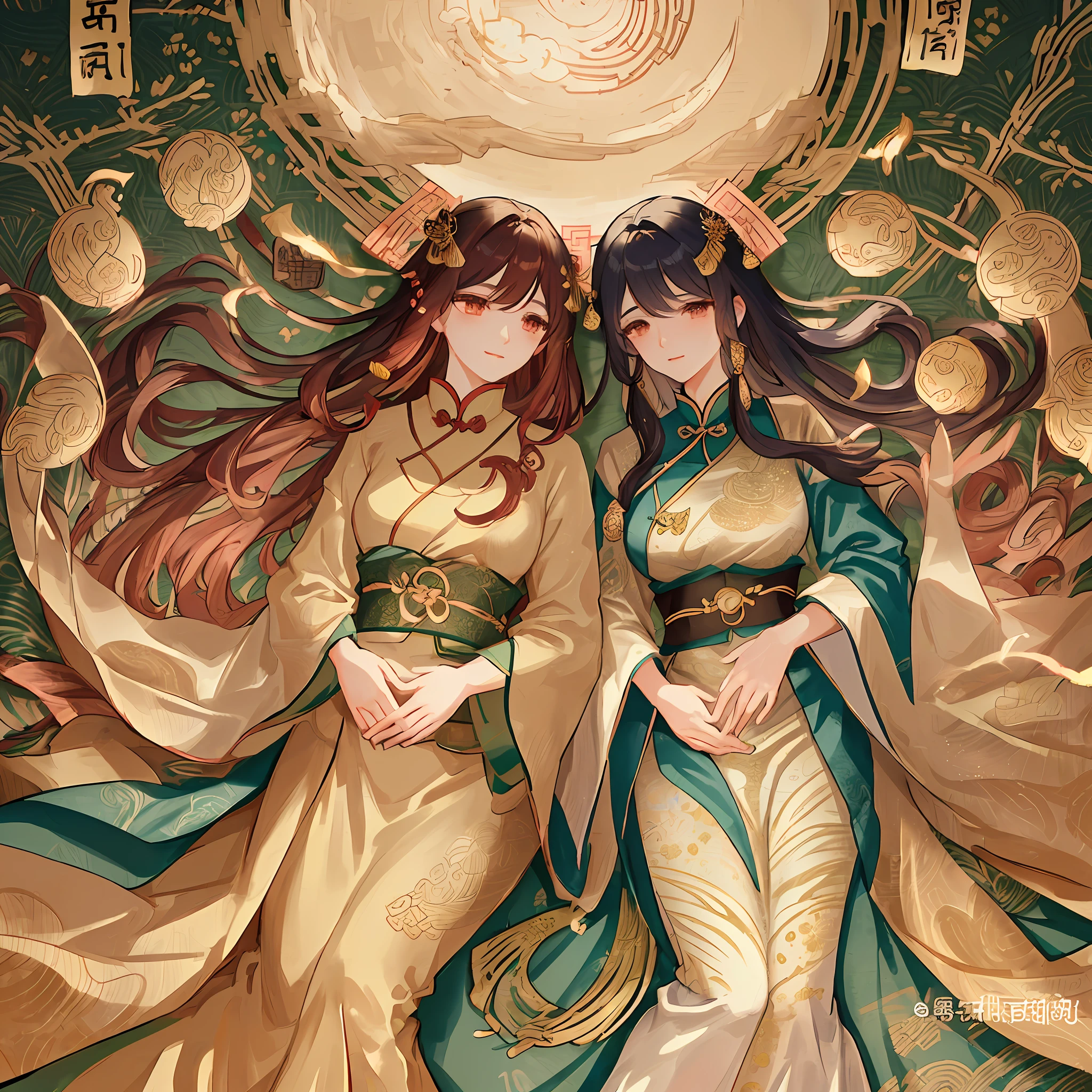 Gu Kaizhi &amp; Zhang Xuan&#39;s ancient beauties, gorgeous and exquisite ancient Chinese costumes, shy faces, willow-leaf eyebrows and curly hair, background of gold foil and flowing clouds, surrounded by cranes, women in ink paintings, gentle eyes, exquisite clothing patterns and colors, realistic Style and soft shadows, clean and sharp focus, panoramas and 32K resolution.