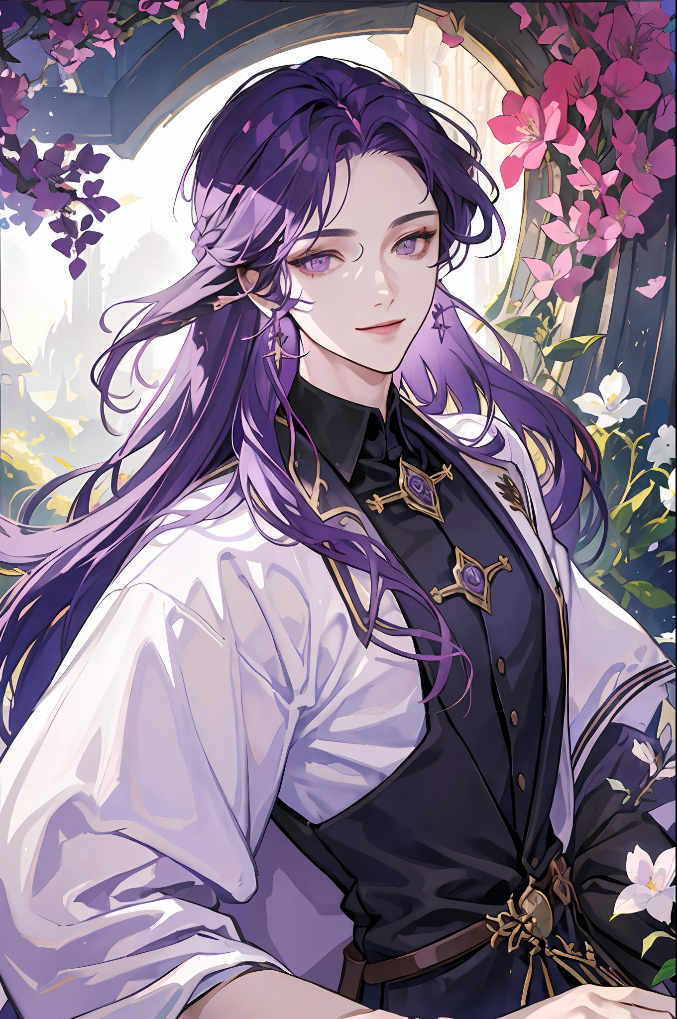((masterpiece: 1.2, best quality)), 1 man, long purple hair, purple eyes (handsome: 1.4), white suit, fantasy, uniform, royalty, forest, blooming flowers, sunlight, fantastic light and shadow , landscape, extremely detailed face, portrait, smile, red earrings, wizard, archmage