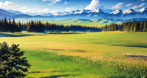 detailed background, masterpiece, best quality, landscape, mountains, grassland, forest, sun, daytime, clouds, flock, wolves