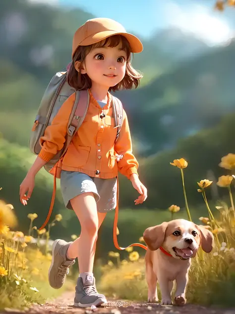 Tip: A very charming little girl with a backpack and her cute puppy enjoying a lovely spring outing surrounded by beautiful yell...