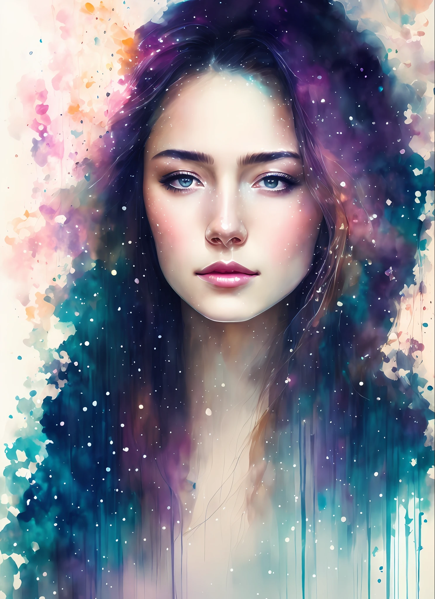 woman with agnes cecile, glowing design, pastel colors, ink drops, autumn lights