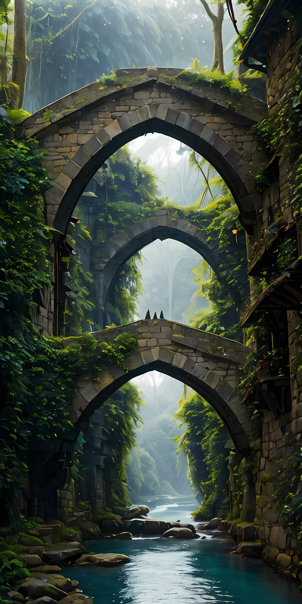 Puente medieval en una siniestra jungla azul verdosa, pueblo bohemio moderno, Fotorrealista y detallado, calidad 8k, foto geográfica nacional, Tiempo nublado, media distancia, perspectiva del puente.